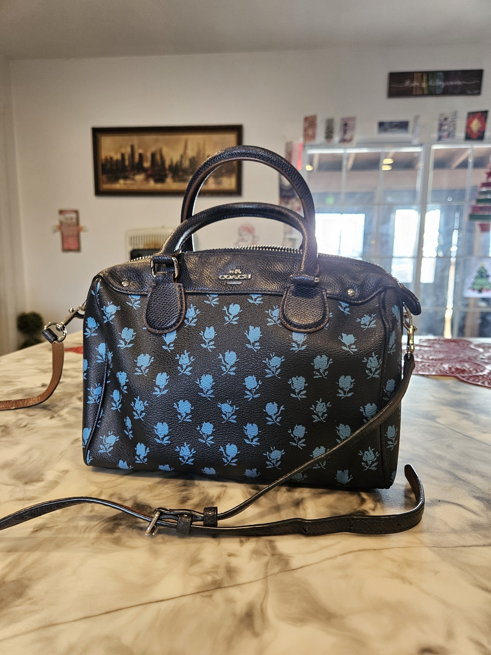 COACH Black Leather Satchel with Blue Floral Motif - Picture 2 of 5